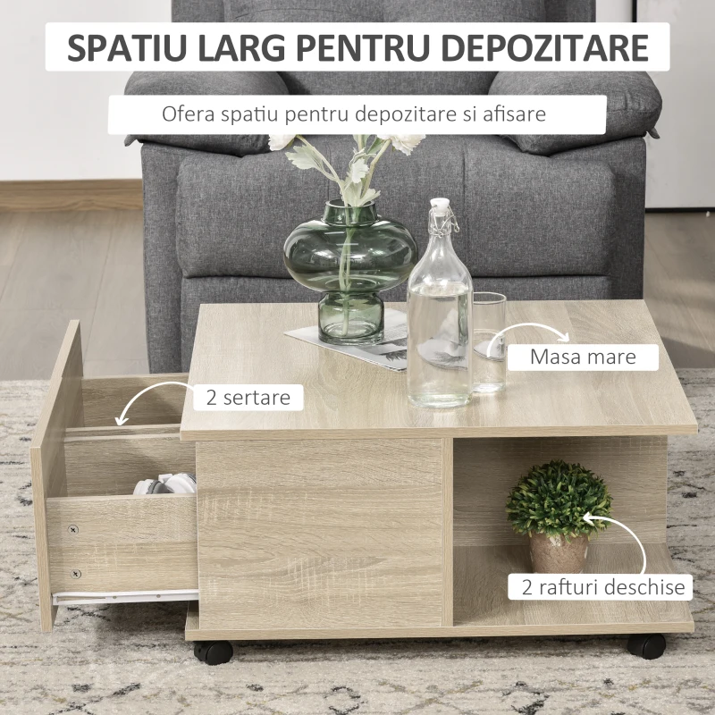 HOMCOM Masuta de Cafea din Lemn cu 2 Sertare, 2 Rafturi si Roti cu Frana, 70x70x35cm - Lemn