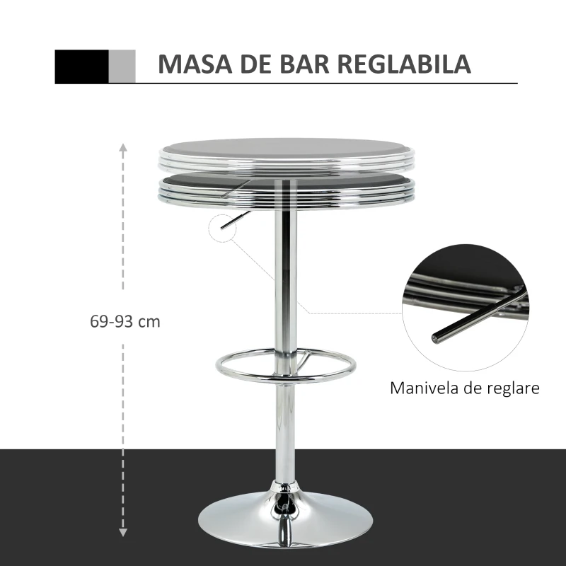 HOMCOM Masa Moderna de Bar sau de Bucatarie Rotunda din Metal si Imitatie de Piele Neagra