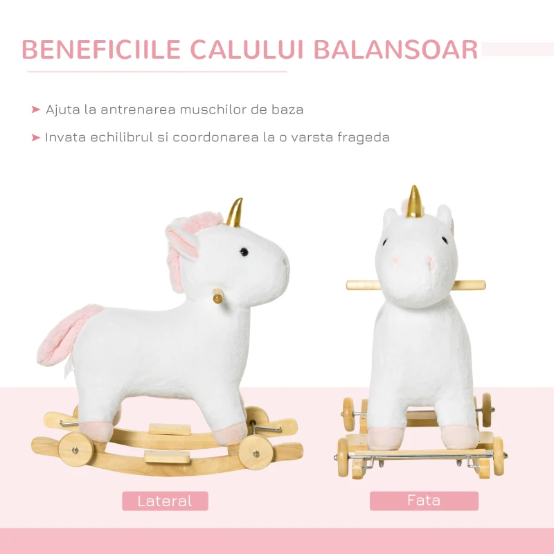 HOMCOM Cal tip Balansoar 2 in 1 Unicorn cu Roti Sunete si Invelis de Plus, Alb
