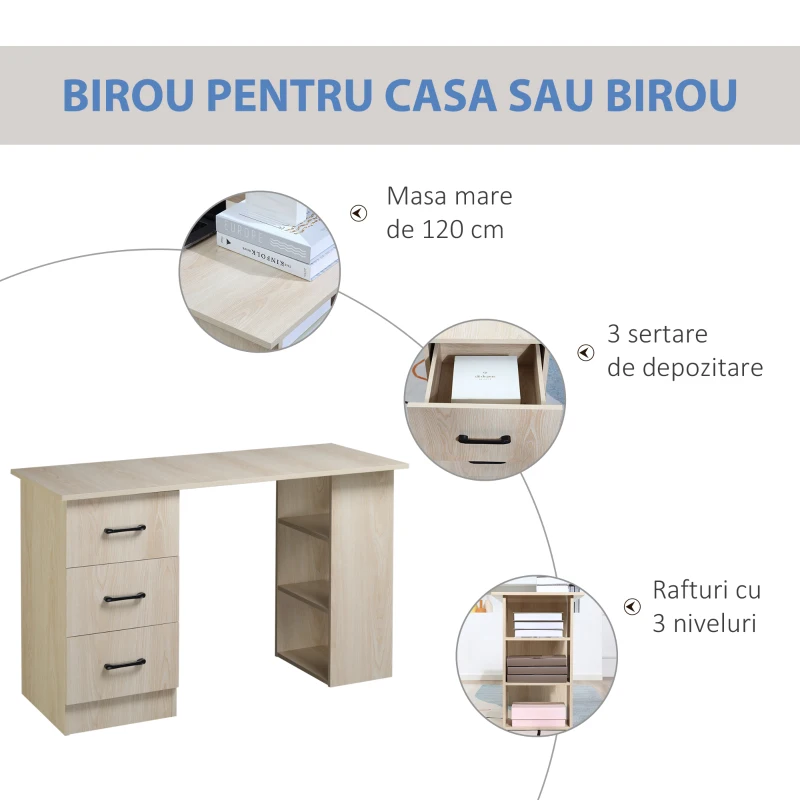 HOMCOM Birou pentru calculator modern, pentru camera, cu 3 setare și 3 rafturi din lemn pentru casa și birou 120x49x72cm(m-4)