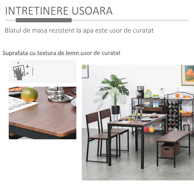 HOMCOM set masa cu banca si scaune, stil industrial, maro