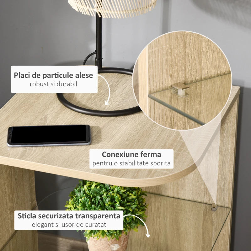 HOMCOM Masuta de Living Moderna si Multifunctionala din Lemn si Sticla pentru Living sau Dormitor, 40x40x56cm - Stejar