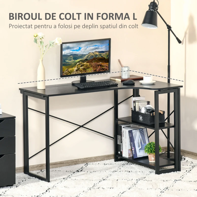 HOMCOM Birou de Colt Retractabil cu 2 Rafturi Negru 120x72.5x76.5cm