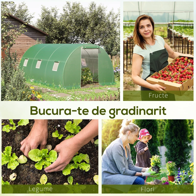 Outsunny Sera Tunel de Exterior cu Copertina din PE, Usa cu Fermoar si 6 Ferestre, Verde(m-8)