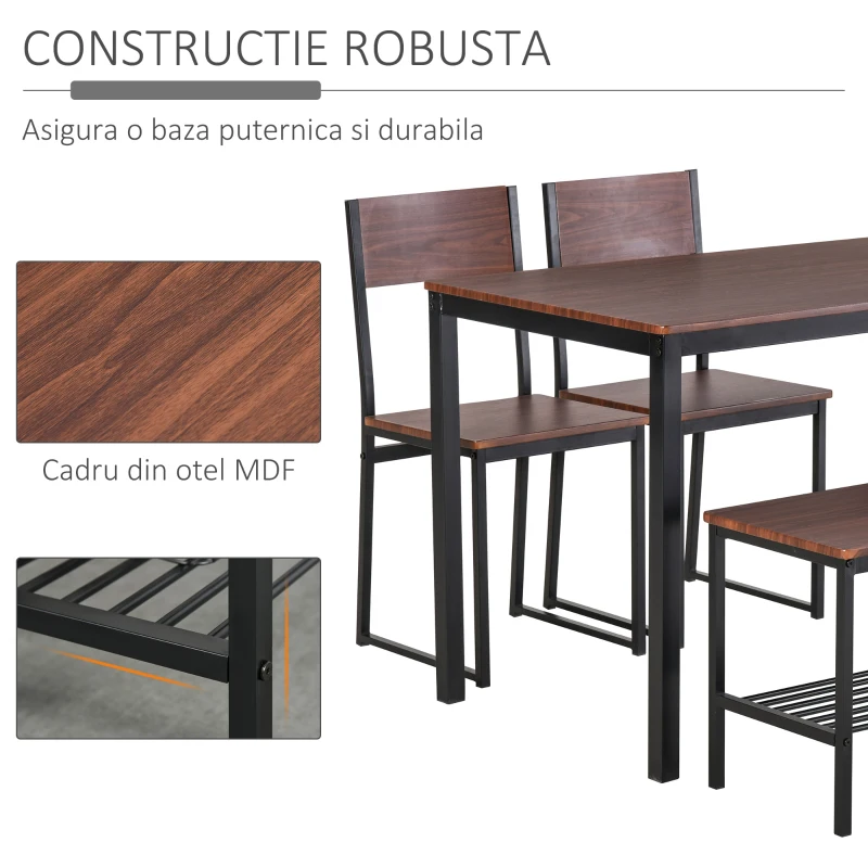 HOMCOM set masa cu banca si scaune, stil industrial, maro