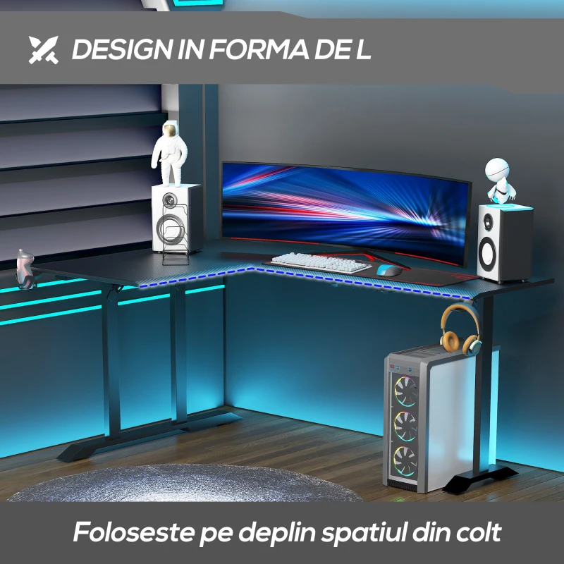 HOMCOM Birou pe Colt pentru Gaming, cu Carlig pentru Casti si Suport pentru Pahare