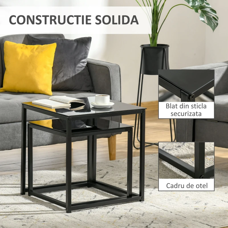 HOMCOM Set 2 Masute pentru Sufragerie Moderne din Otel si Sticla Securizata - Negru