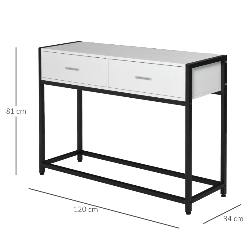 HOMCOM Table Console de salon Table d'appoint dim. 120L x 34l x 81H cm 2 tiroirs métal Noir en Bois Blanc