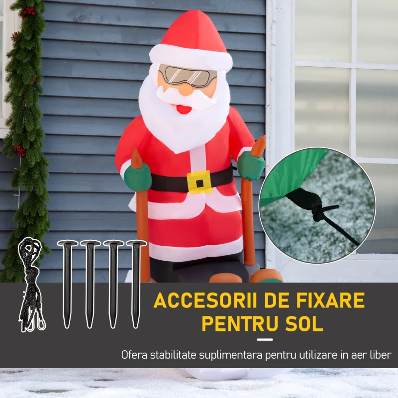 HOMCOM Mos Craciun gonflabil cu Schiuri cu 2 Lumini LED Integrate pentru Exterior