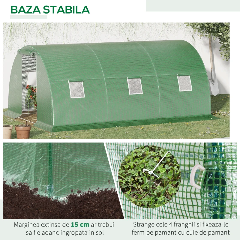 Outsunny Sera Tunel de Exterior cu Copertina din PE, Usa cu Fermoar si 6 Ferestre, Verde(m-6)