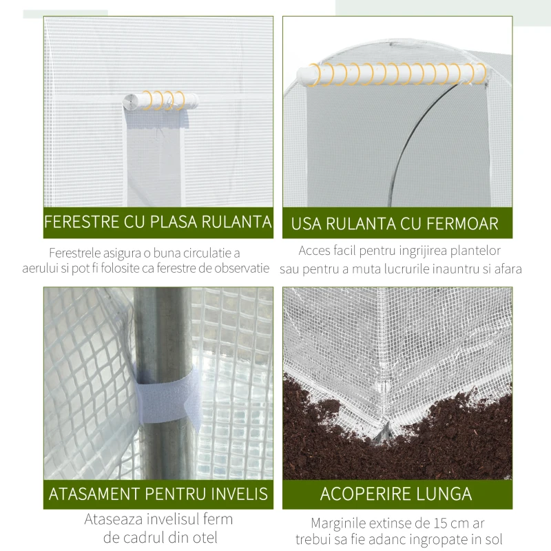 Outsunny Sera pentru Gradina Tip Tunel pentru Plante din PE si tevi de Otel, Alba, 450x200x200 cm(m-4)