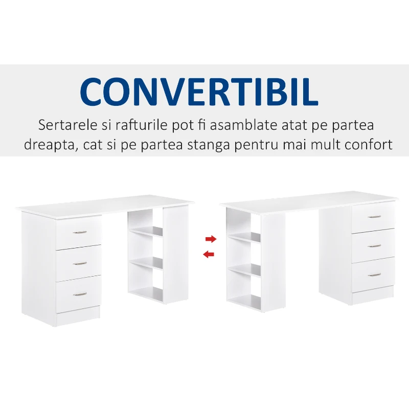 HOMCOM Birou modern cu 3 Sertare si Rafturi in Lemn Alb 120x49x72cm(m-6)