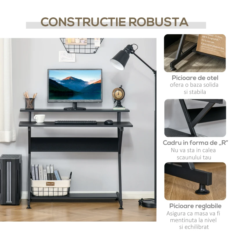 HOMCOM Masa Suport PC Economiseste Spatiu cu Raft Inaltat Monitor 100x60x85.5cm, Lemn Negru