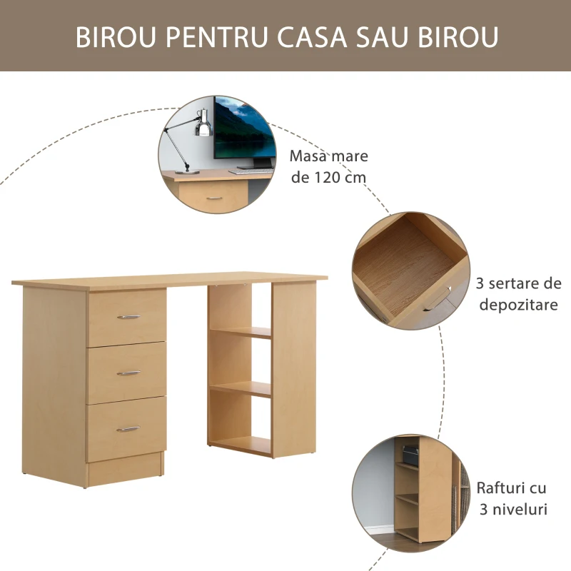 Homcom Birou modern cu 3 Sertare si Rafturi in Lemn Natural 120x49x72cm