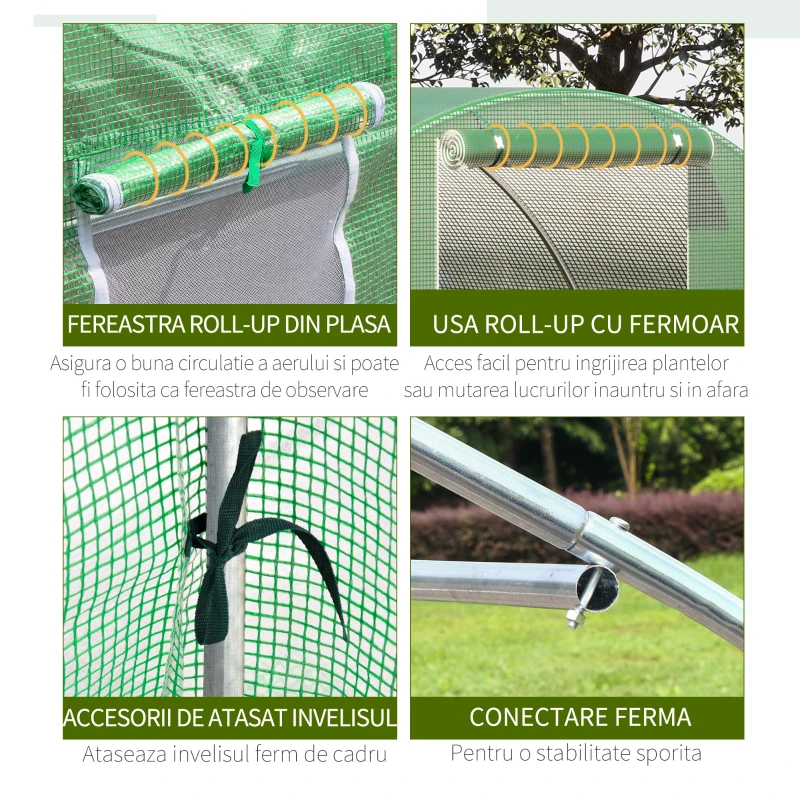 Outsunny Sera Tunel de Exterior cu Copertina din PE, Usa cu Fermoar si 6 Ferestre, Verde(m-7)