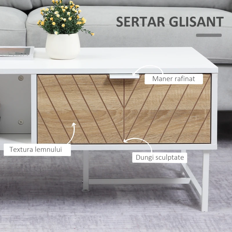 Masuta de Salon HOMCOM Dreptunghiulara cu Sertare din Lemn si Metal, 100x50x40cm - Alb