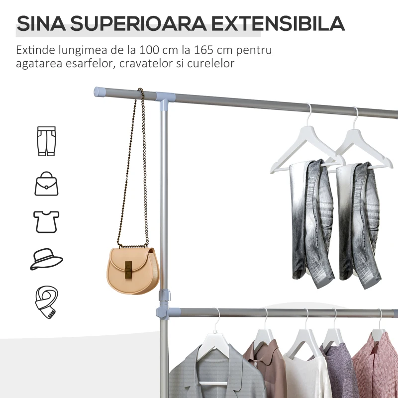 HOMCOM Cuier pentru haine cu inaltime si extensie reglabile, 165 x 48 x 180 cm, Inox / ABS, Argintiu / Gri
