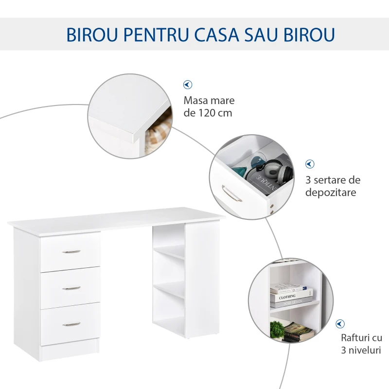 HOMCOM Birou modern cu 3 Sertare si Rafturi in Lemn Alb 120x49x72cm(m-4)
