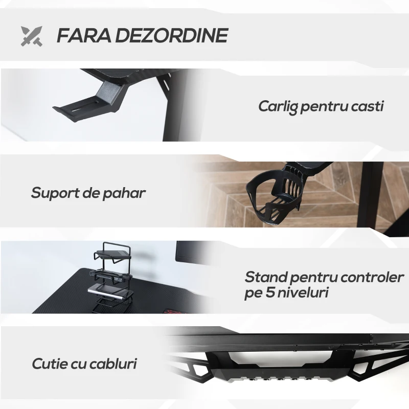 HOMCOM Birou pe Colt pentru Gaming, cu Carlig pentru Casti si Suport pentru Pahare