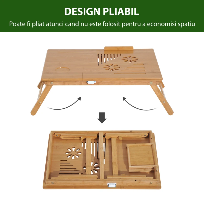 Homcom Masuta Laptop din Bambus – Pentru Pat, cu Sistem de Racire