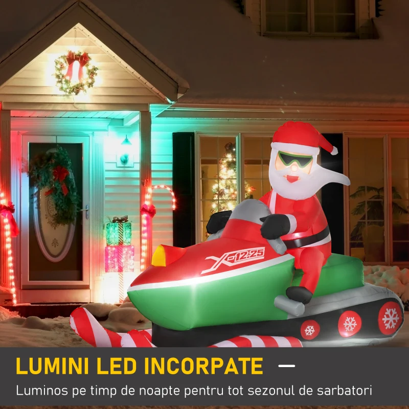 HOMCOM Mos Craciun gonflabil pe Snowmobil cu Lumini LED Integrate pentru Exterior