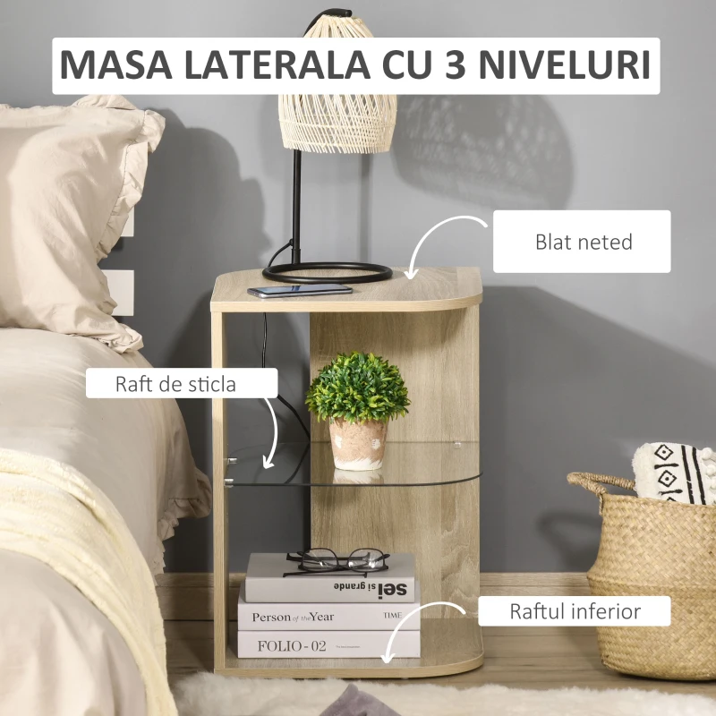 HOMCOM Masuta de Living Moderna si Multifunctionala din Lemn si Sticla pentru Living sau Dormitor, 40x40x56cm - Stejar