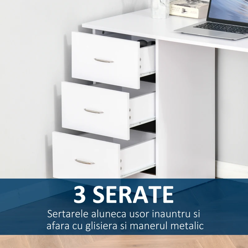HOMCOM Birou modern cu 3 Sertare si Rafturi in Lemn Alb 120x49x72cm(m-5)