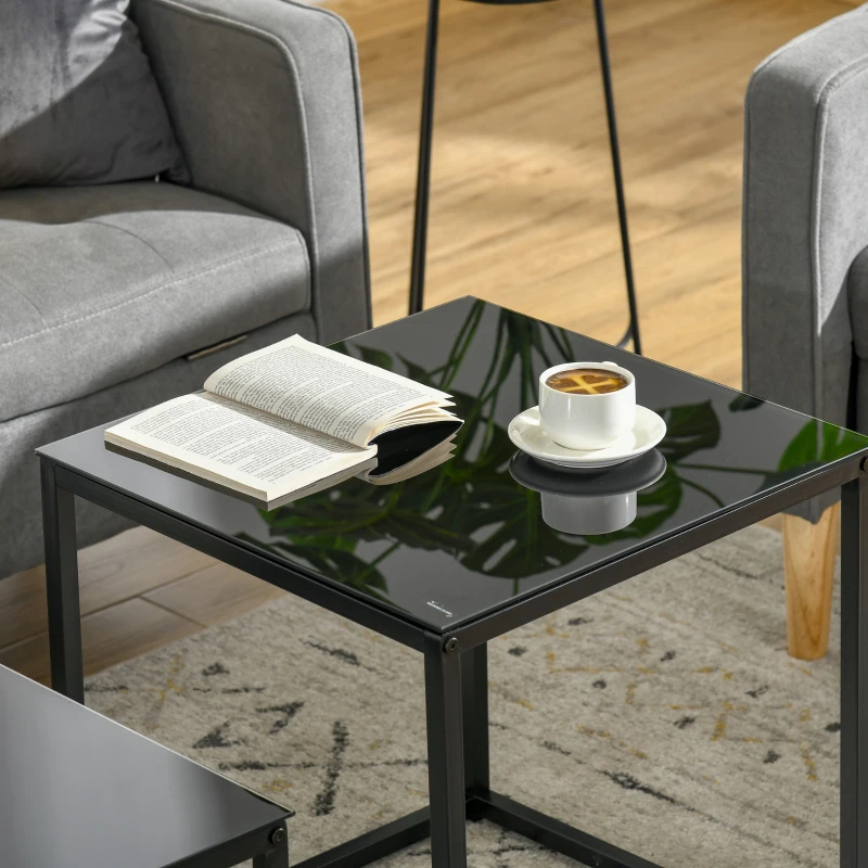 HOMCOM Set 2 Masute pentru Sufragerie Moderne din Otel si Sticla Securizata - Negru