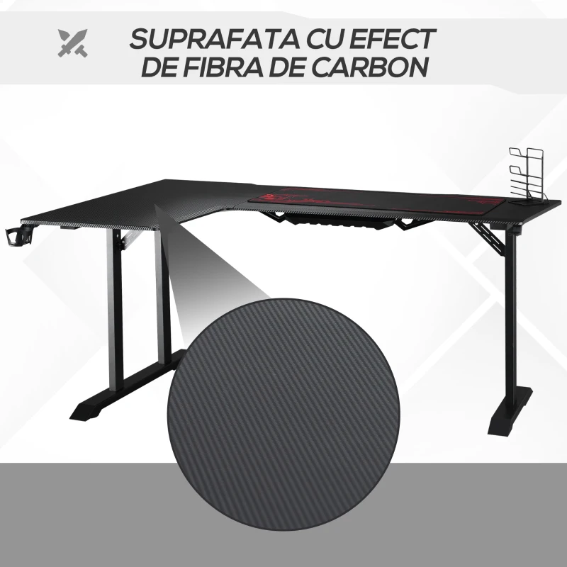 HOMCOM Birou pe Colt pentru Gaming, cu Carlig pentru Casti si Suport pentru Pahare