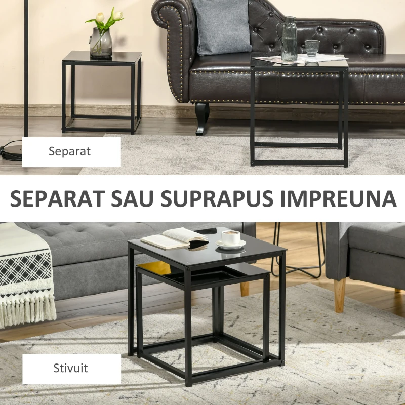 HOMCOM Set 2 Masute pentru Sufragerie Moderne din Otel si Sticla Securizata - Negru