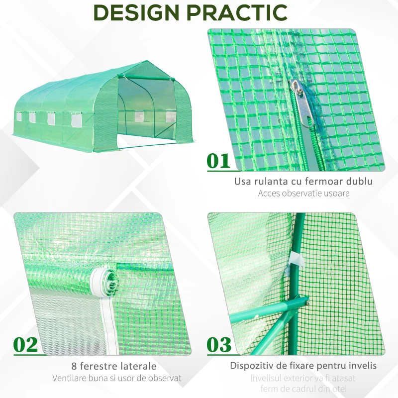 Outsunny Sera pentru Gradina 6x3x2 m, Sera cu Acoperis inclinat din PE pentru Plante, Verde(m-5)