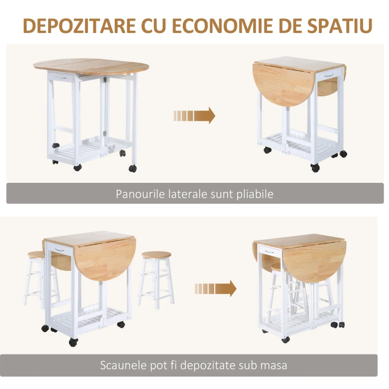 HOMCOM Set 3 Piese Masa Pliabila si 2 Scaune de Bar Economie de Spatiu - Alb si culoarea Lemnului
