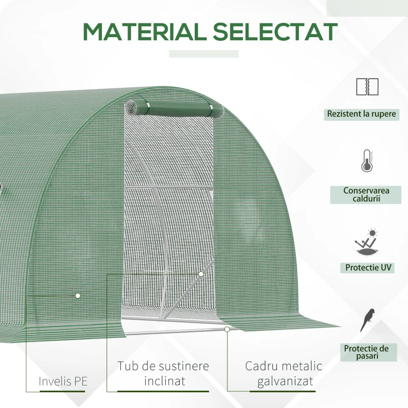 Outsunny Sera Tunel de Exterior cu Copertina din PE, Usa cu Fermoar si 6 Ferestre, Verde(m-5)