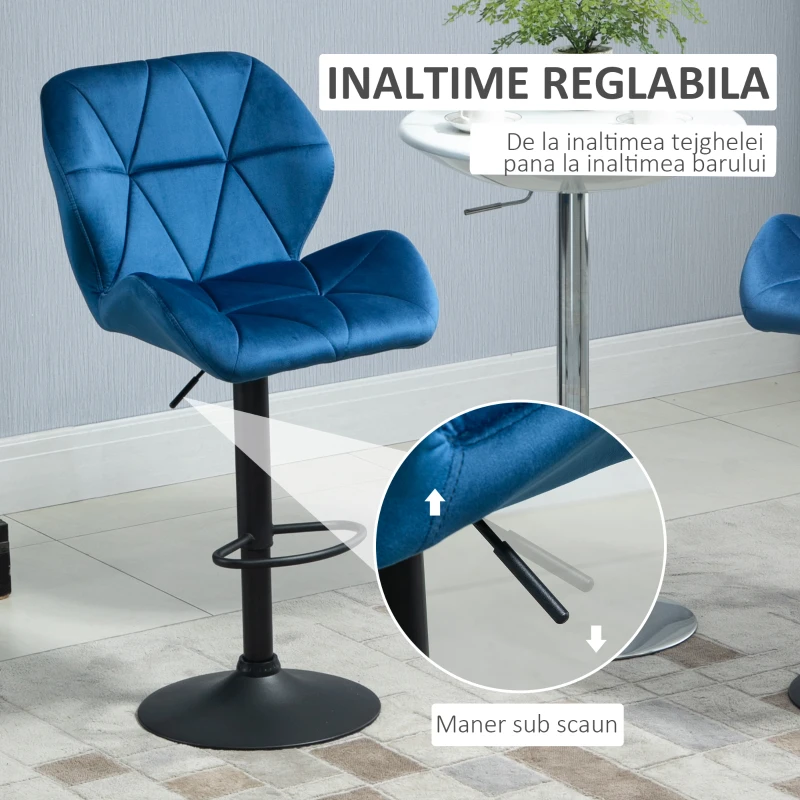 Homcom Set 2 Scaune Bar – Catifea Albastra, Rotative Reglabile