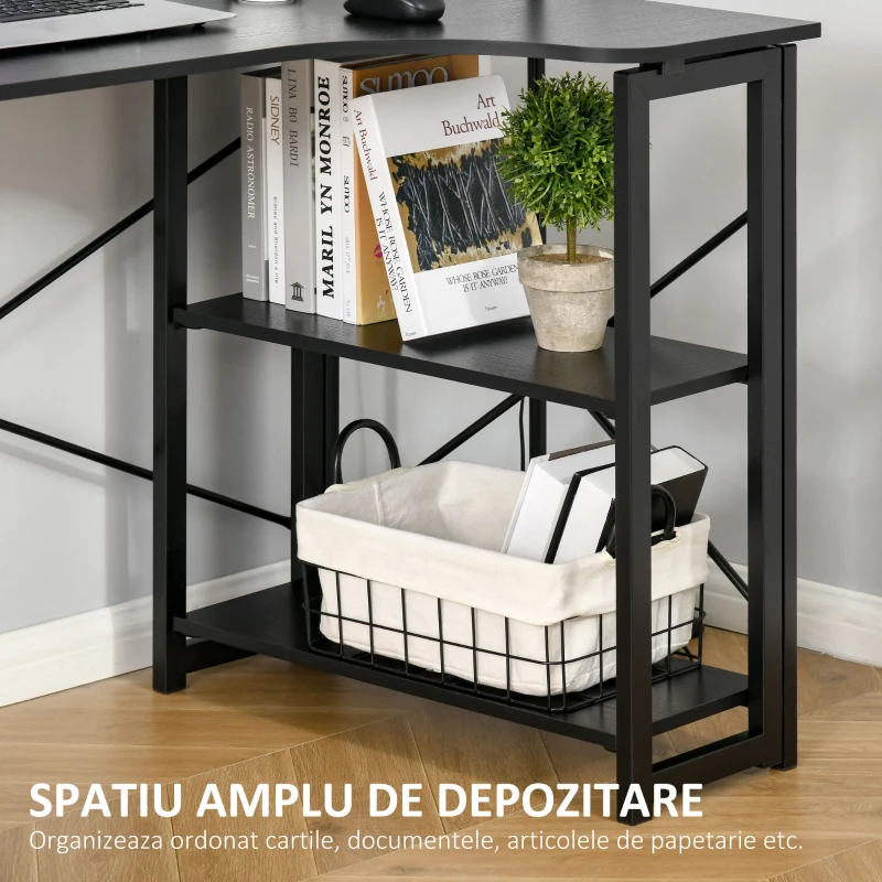 HOMCOM Birou de Colt Retractabil cu 2 Rafturi Negru 120x72.5x76.5cm