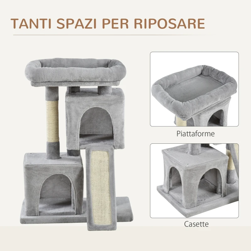 PawHut Albero Tiragraffi per Gatti con Pali in Sisal, Lettino e 2 Casette, 59x39x83cm, Grigio