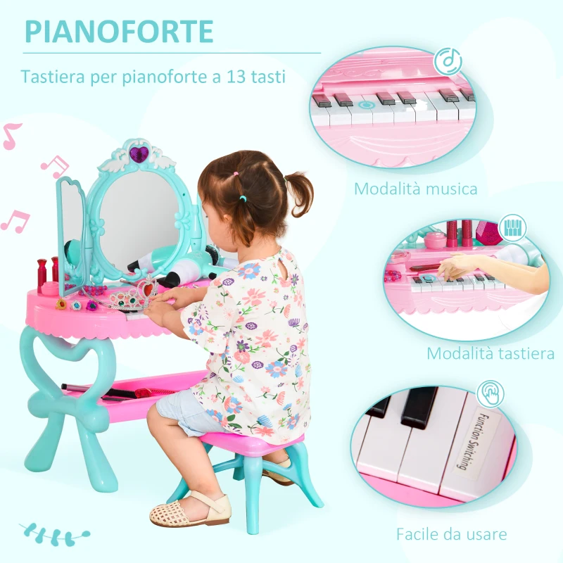 HOMCOM Set 2 in 1 da 32pz per Bambine 3-6 Anni, Tavolo per Trucco con Accessori e Pianoforte, 49.5x23x66 cm, Blu e Rosa