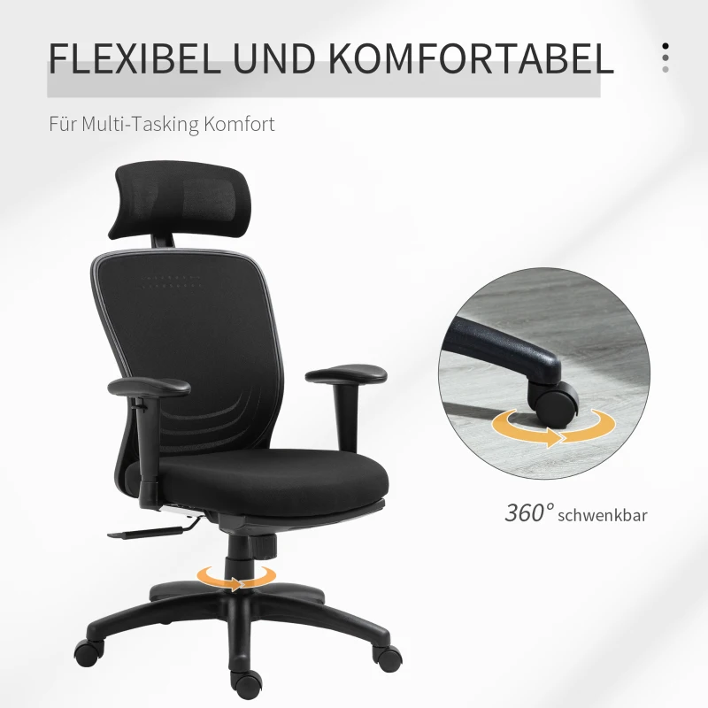 Vinsetto Bürostuhl Schreibtischstuhl Computerstuhl PC Stuhl Home-Office-Stuhl mit Wippenfunktion Kopflehne Fußstütze höhenverstellbar ergonomisch 360°-Drehräder PU Mesh Schwarz 68x72x110-118 cm