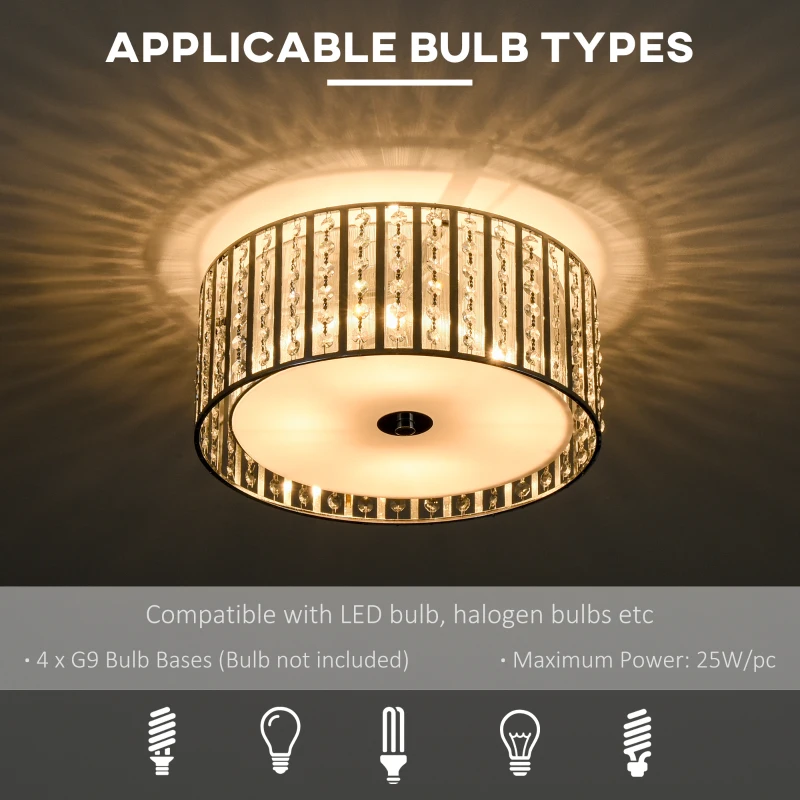 HOMCOM Modern K9 Crystal Chandelier Ceiling Light with Double Layer Lampshade, Round Pendant Light for Living Room, Bedroom, 4 G9 Bulbs Required, Φ35 cm