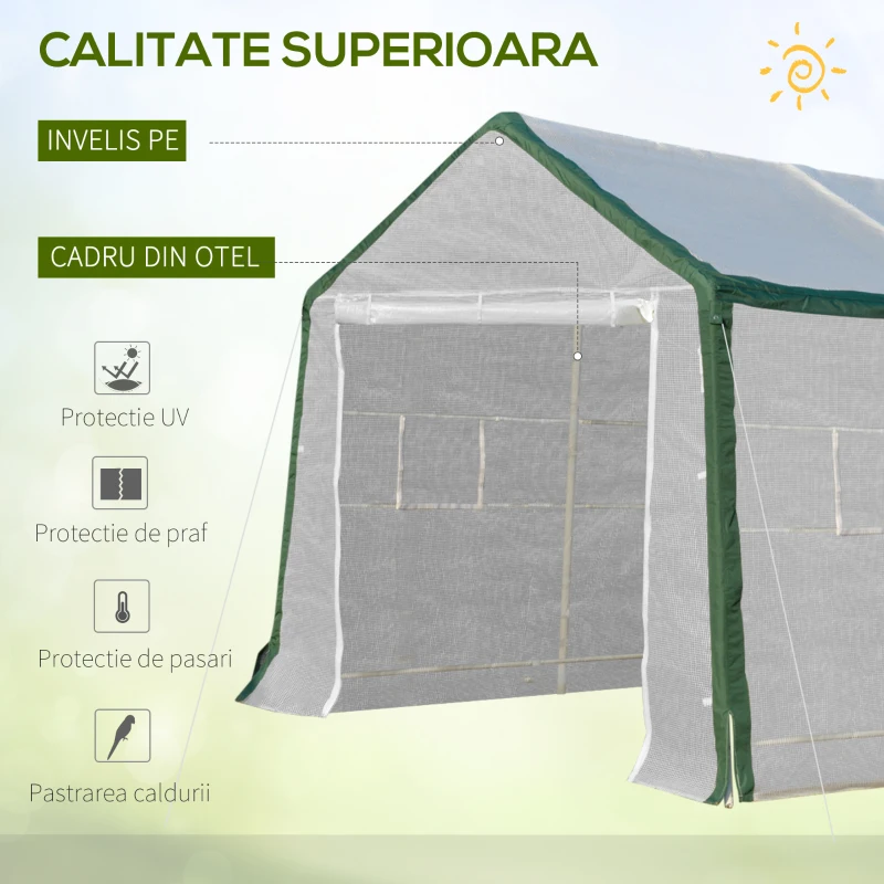 Outsunny sera de gradina cu 8 ferestre 600x300x240 cm, alba