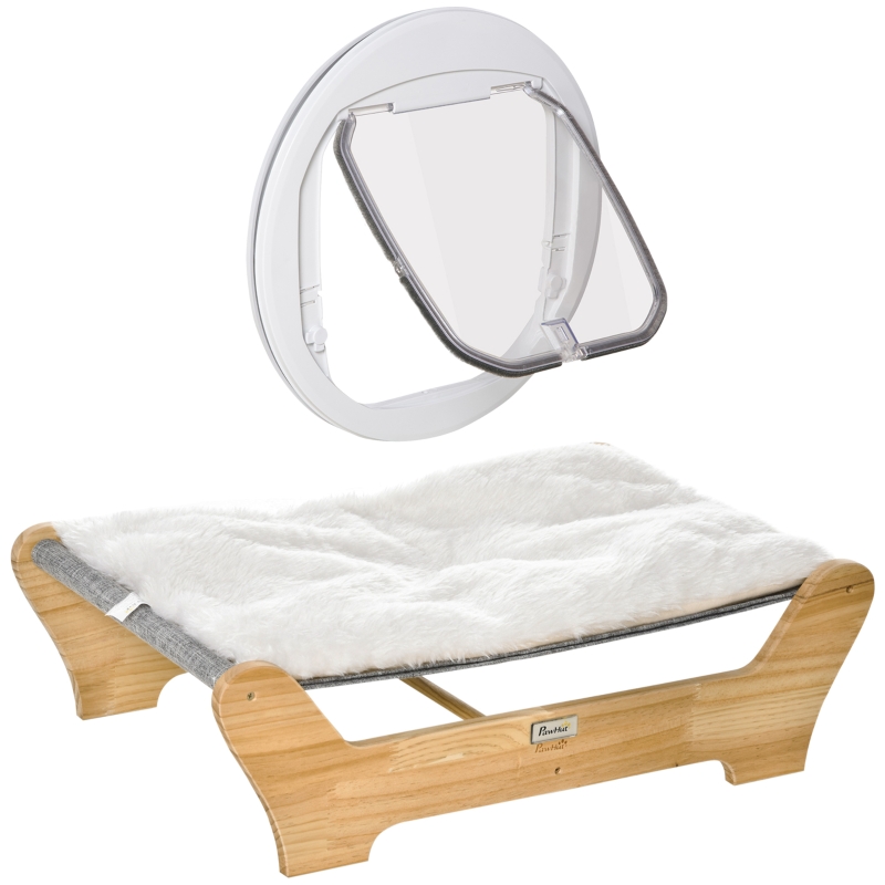 PawHut Set 2 Pezzi Cuccia per Gatti in Legno di Pino con Cuscino Rimovibile e Gattaiola in PC con 4 Opzioni di Accesso