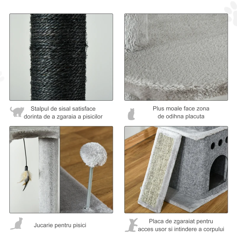 PawHut ansamblu joaca pisici, 60x40x225-255 cm, gri
