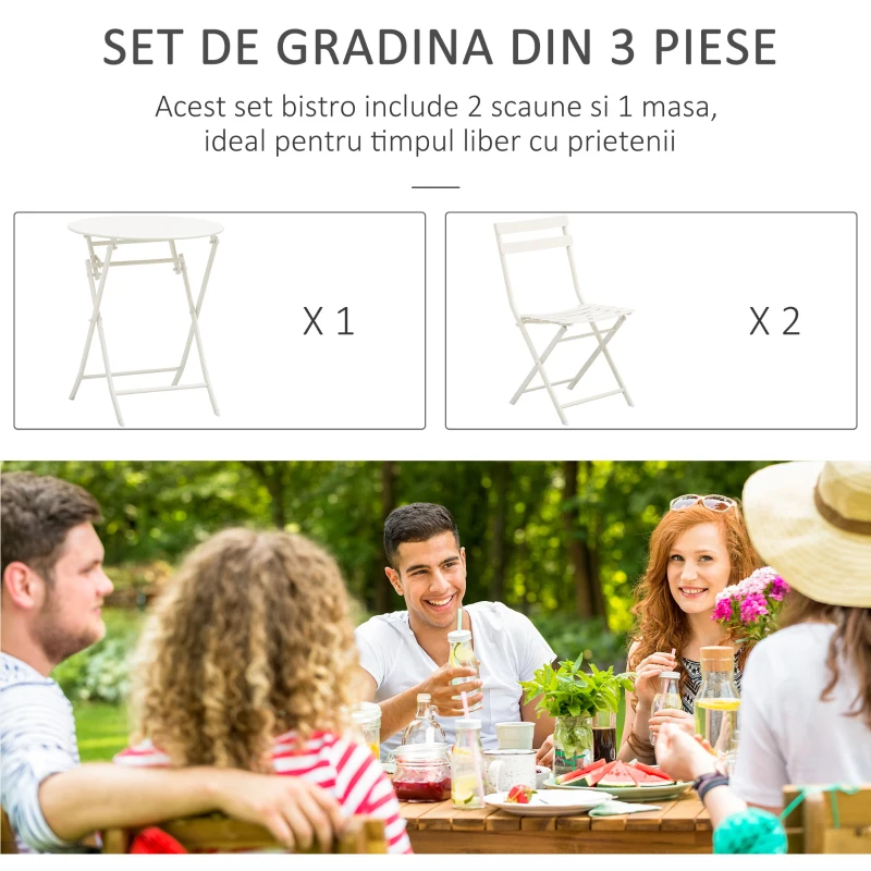 Outsunny Masuta cu Scaune de Gradina Pliabile din Otel Alba Set 3 Piese