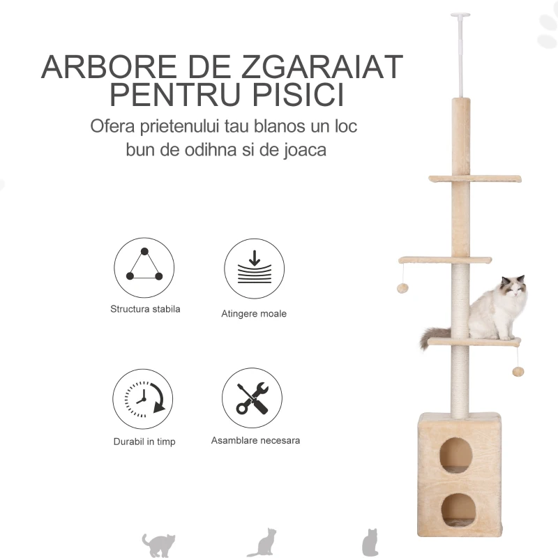 PawHut Stalp de zgariat de Pod pe mai multe Niveluri 210-240cm cu franghie din Iuta Bej