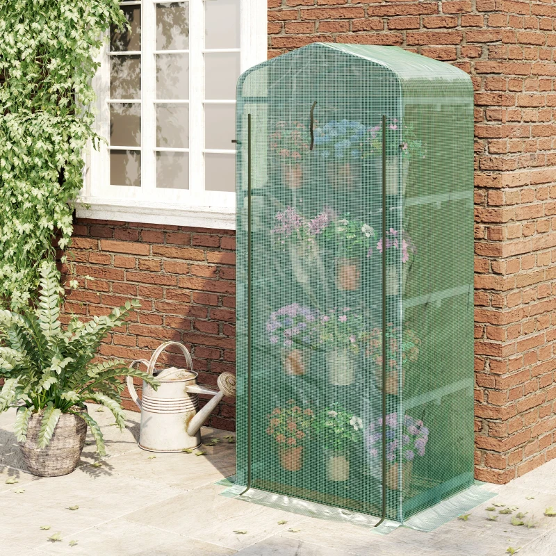 Outsunny 4 Tier Mini Greenhouse, Portable Green House with Steel Frame, PE Cover, Roll-up Door, 70 x 50 x 160 cm, Dark Green