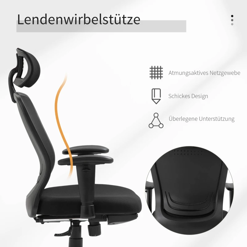 Vinsetto Bürostuhl Schreibtischstuhl Computerstuhl PC Stuhl Home-Office-Stuhl mit Wippenfunktion Kopflehne Fußstütze höhenverstellbar ergonomisch 360°-Drehräder PU Mesh Schwarz 68x72x110-118 cm