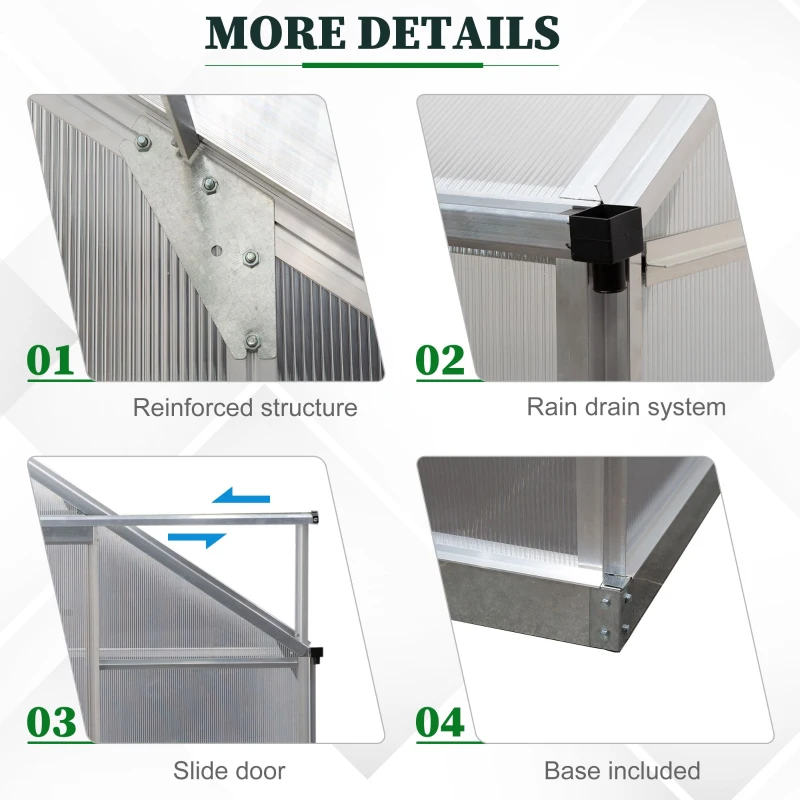 Outsunny 6 X 4ft Walk-In Lean to Greenhouse Garden Heavy Duty Aluminium Polycarbonate with Roof Vent for Plants Herbs Vegetables, Silver