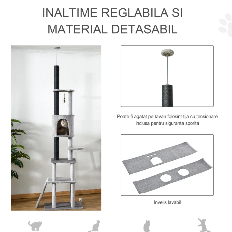 PawHut ansamblu joaca pisici, 60x40x225-255 cm, gri