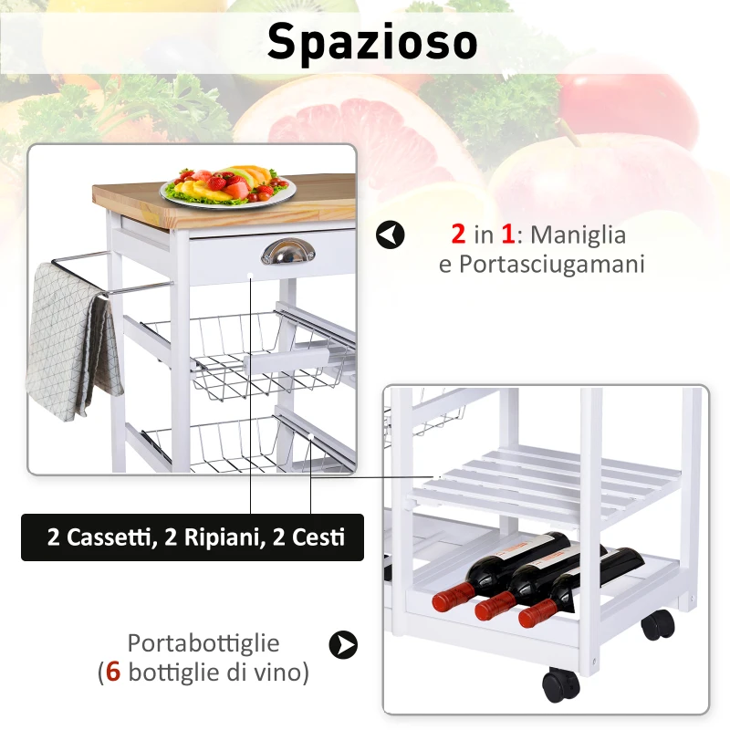 HOMCOM Carucior pentru Bucatarie cu Sertare si Suport Sticle Lemn si Alb