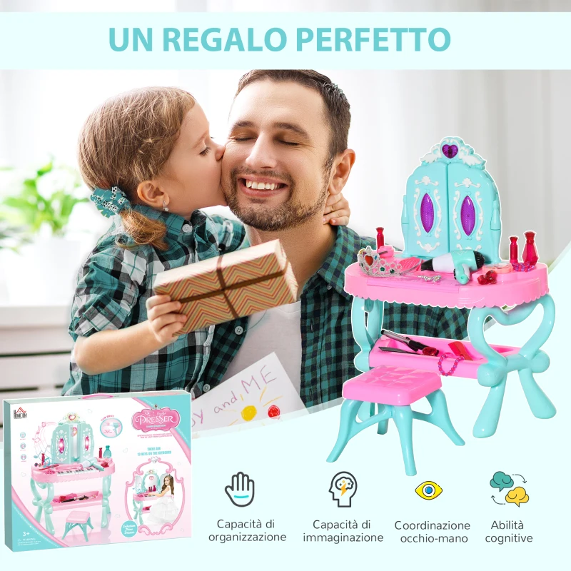 HOMCOM Set 2 in 1 da 32pz per Bambine 3-6 Anni, Tavolo per Trucco con Accessori e Pianoforte, 49.5x23x66 cm, Blu e Rosa
